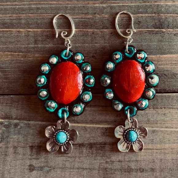 Hippie Chic Jewelz Jewelry - Turquoise and red artisan earrings